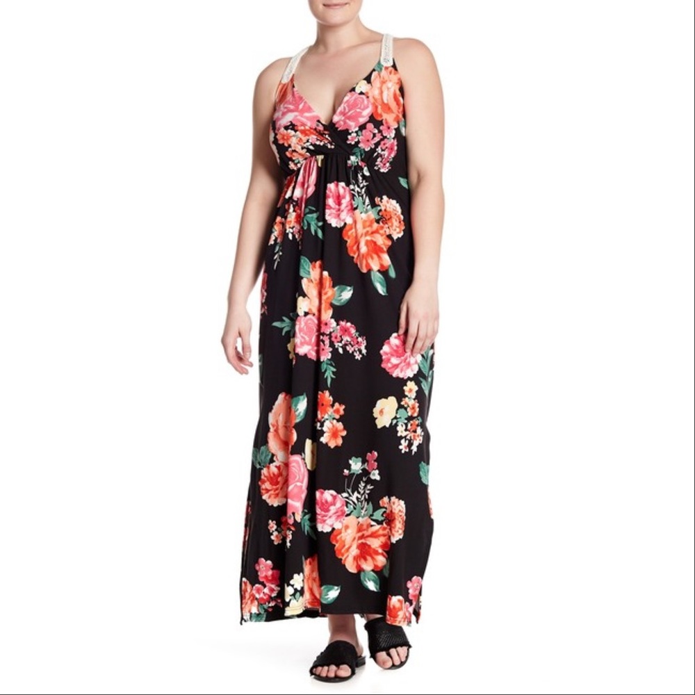 NWOT Derek Hart Floral Macrame Back Maxi Dress 3X